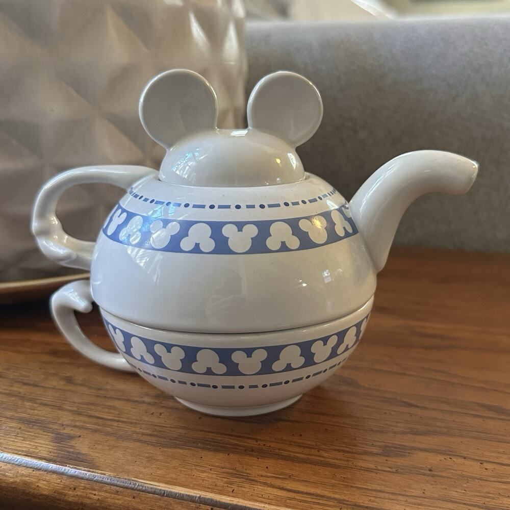 Disney Tea For One Ceramic 3 pc Teapot & Cup White Blue Mickey Mouse Head